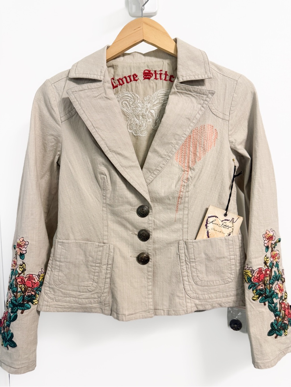 Love Stitch Embroidered Cotton Blazer Beige Floral Birds Size S NWT
